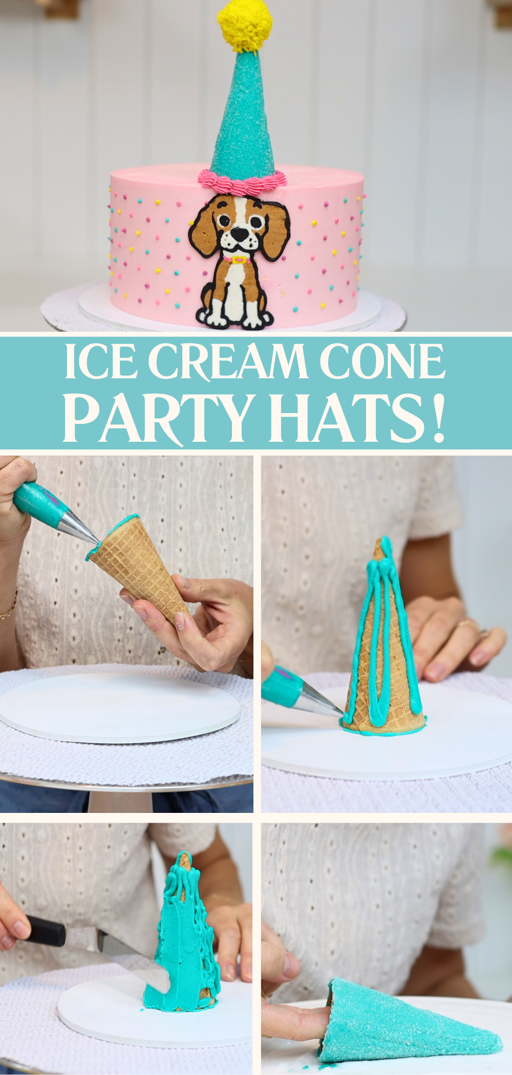 Decorating an ice cream cone with buttercream to make a party hat to put on top of a character cake – perfect for birthday cakes or character cakes