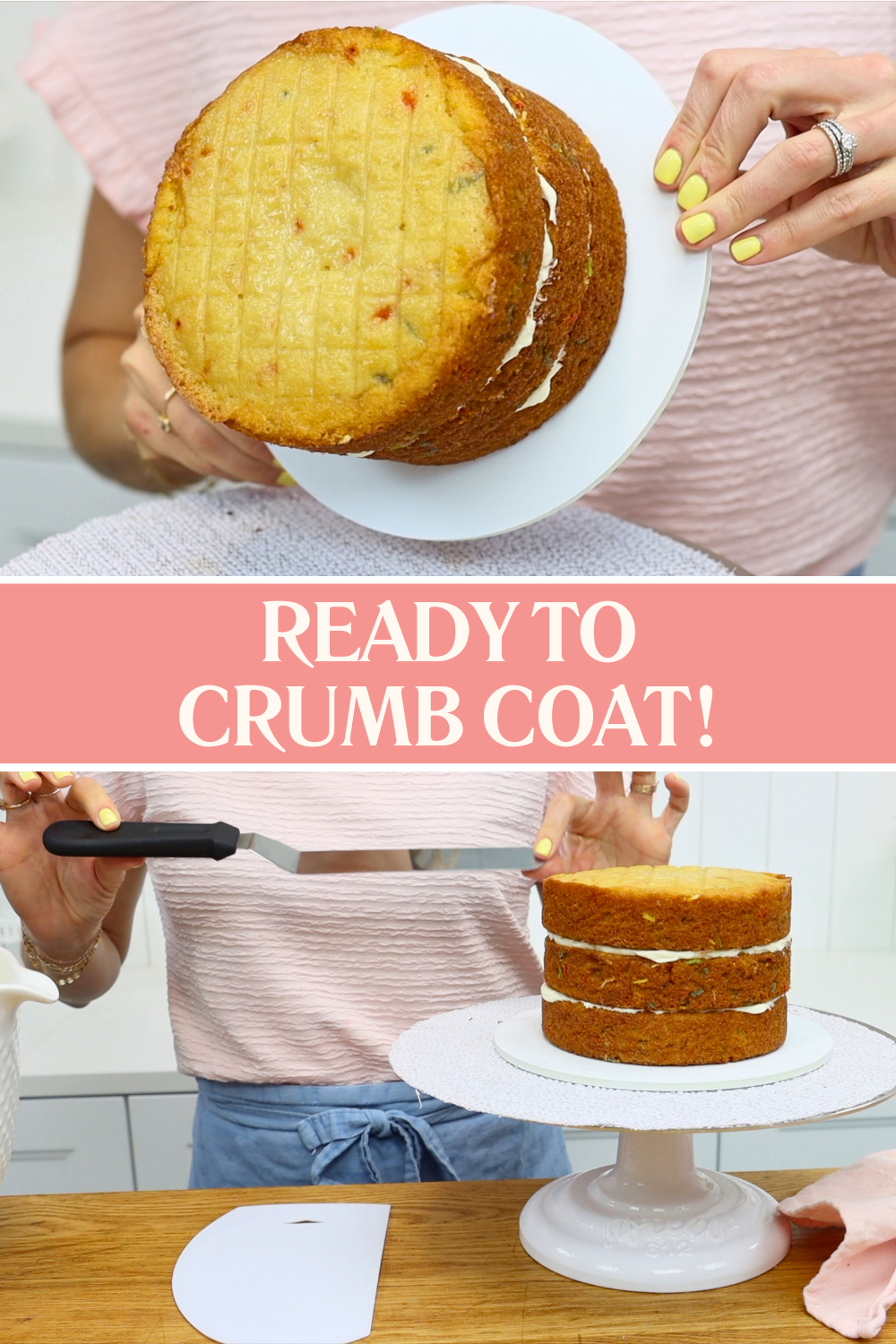 Cake chilled and ready on a board with essential tools to frost a sprinkle cake: offset spatula, cake comb, and turntable