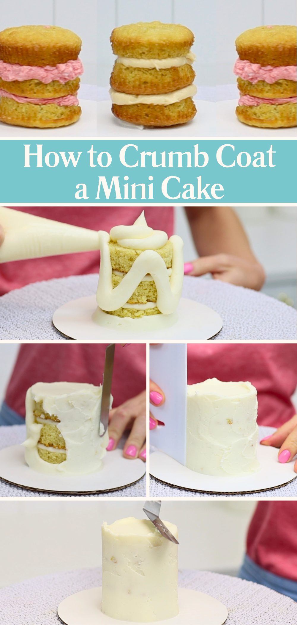 how to use buttercream to crumb coat a mini cake to trap any crumbs that come off the cake before adding ga final layer of buttercream frosting