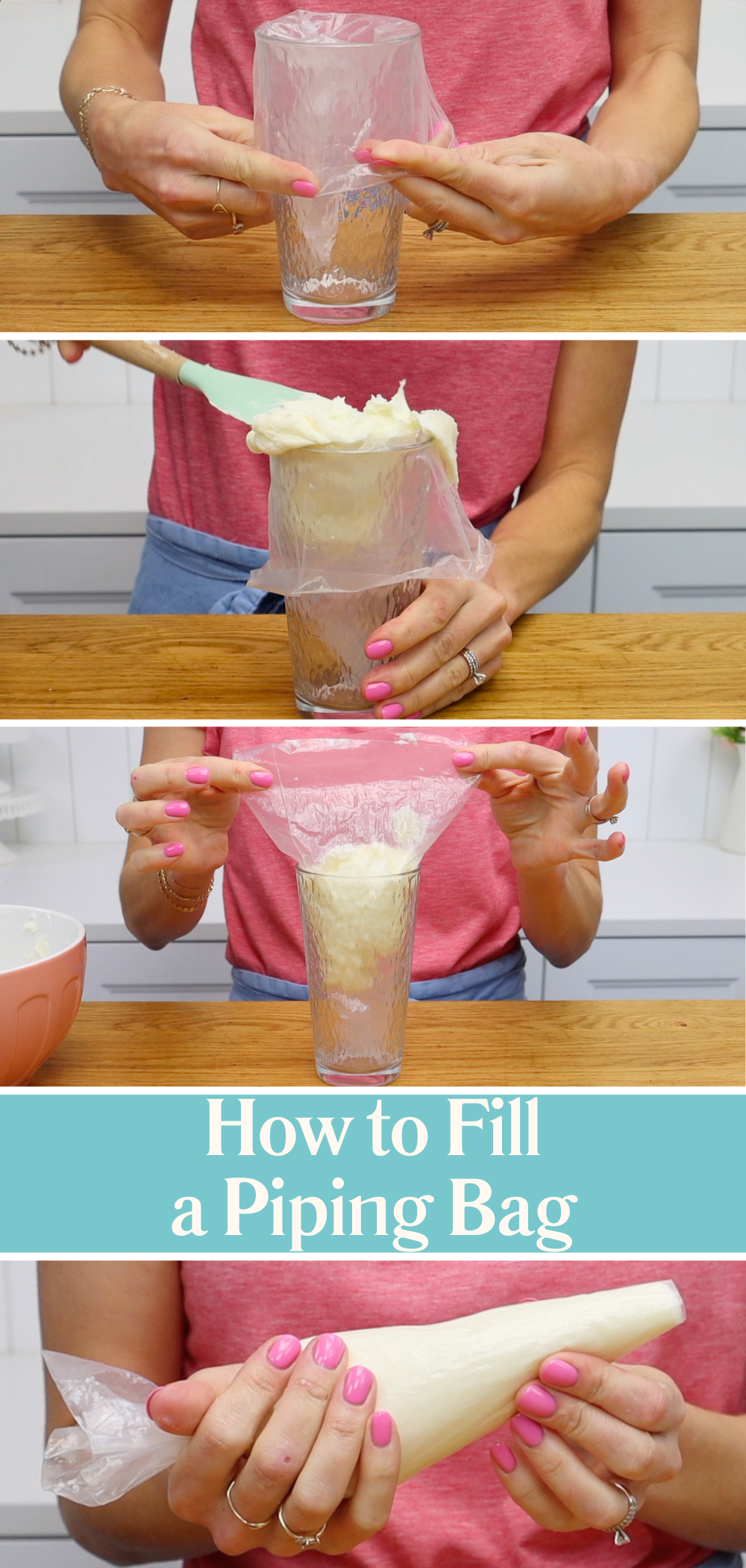 Mini cake tutorial: how to fill a piping bag with buttercream for frosting and filling, no piping tips needed