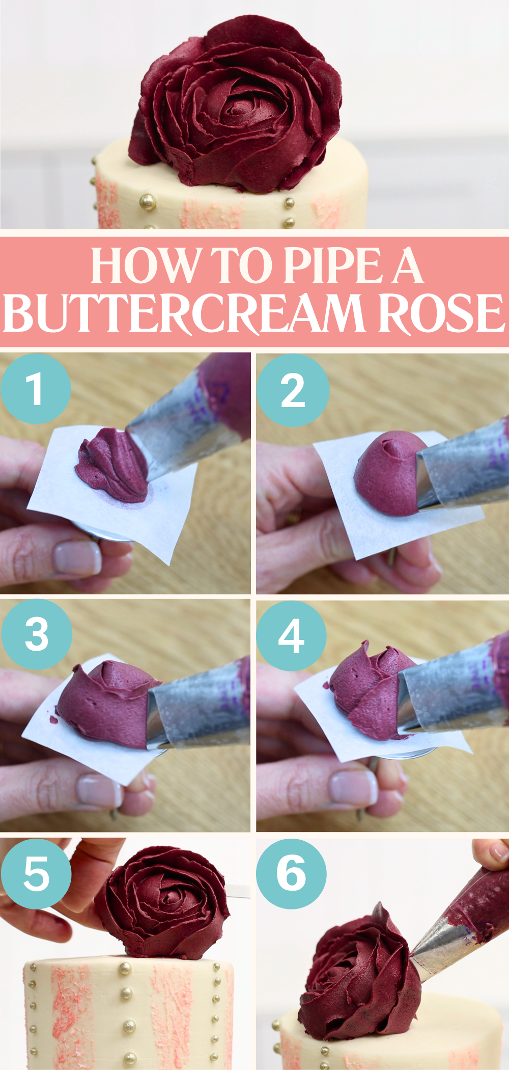How to pipe a rose with buttercream and a petal tip and a flower nail and how to attach it as a DIY cake topper – lovely for wedding cakes or romantic themes.