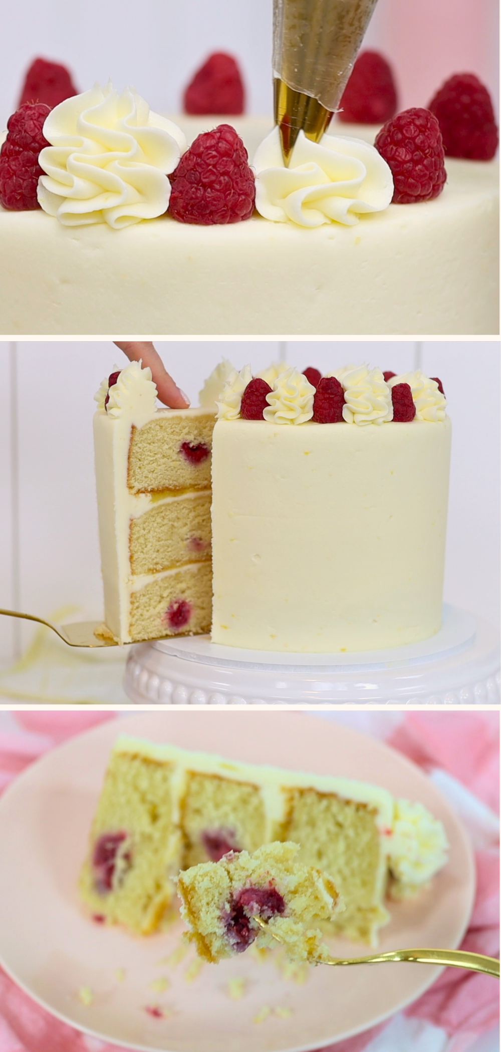 Adding piped finishing touches to a Lemon Raspberry cake