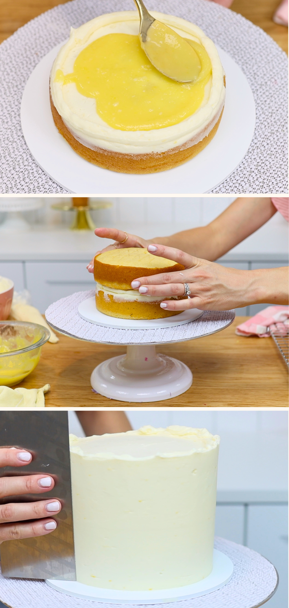 Layering a lemon raspberry cake and adding filling and frosting using homemade or store bought lemon curd and fresh raspberries for fruity cake flavour combinations