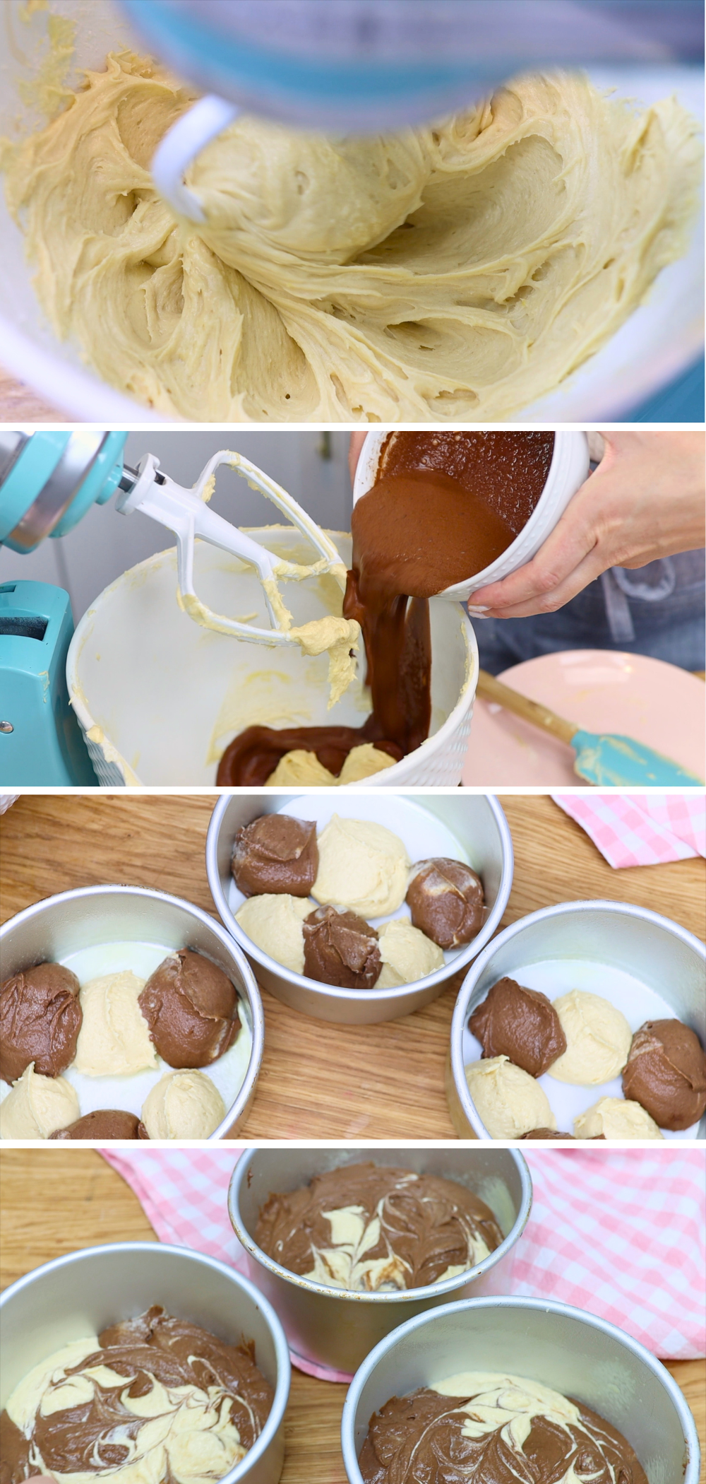 Baking and marbling chocolate and vanilla cake batter to make a Marble cake