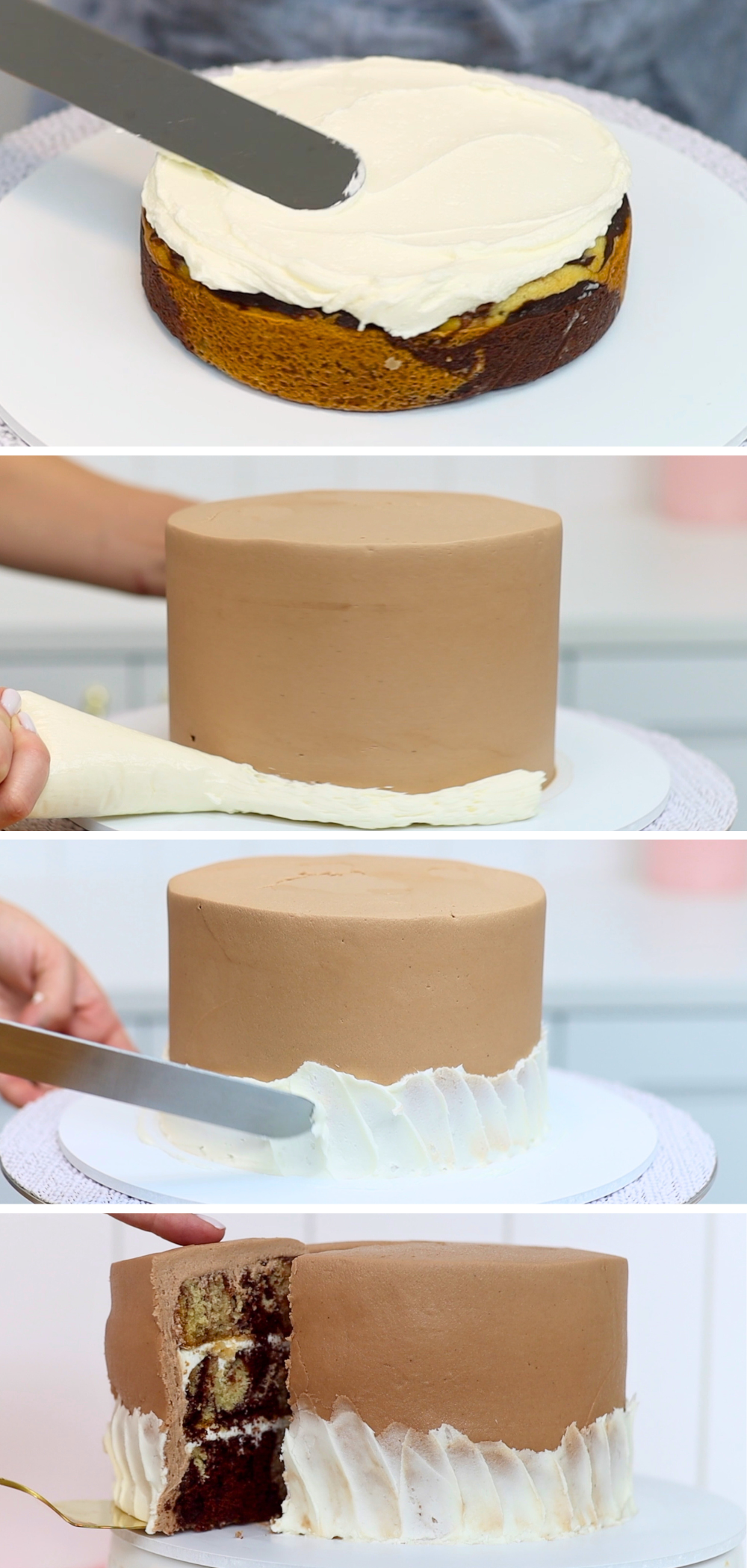 Assembling, decorating, and serving a delicious Marble cake with vanilla and chocolate cake flavour combinations