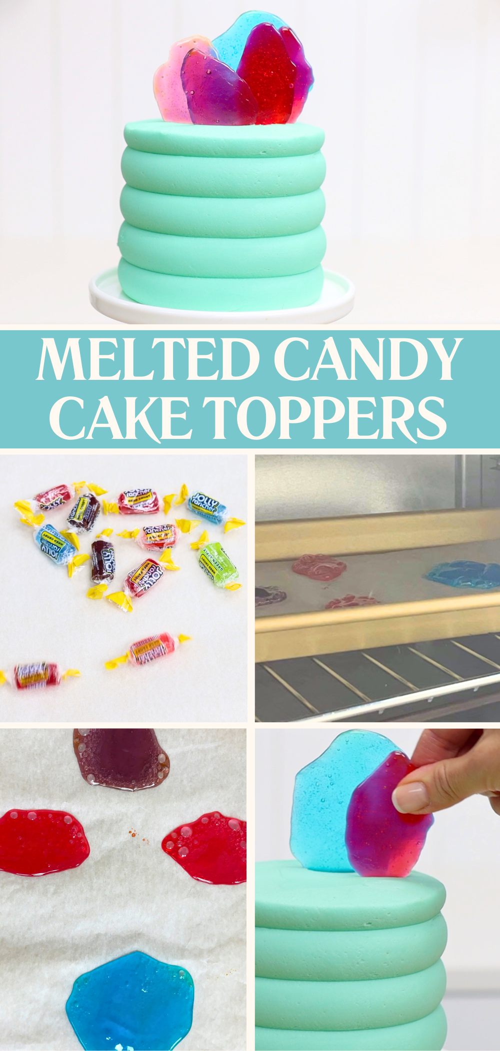 Melt hard candy like jolly ranchers and when they cool, press them into a cake as DIY cake toppers – perfect for rainbow or colourful celebration cakes