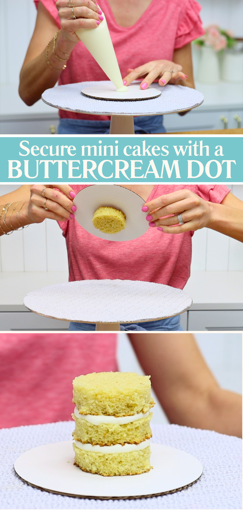 Mini cake tutorial tip: use a buttercream dot on the cake board to hold the cake steady while decorating