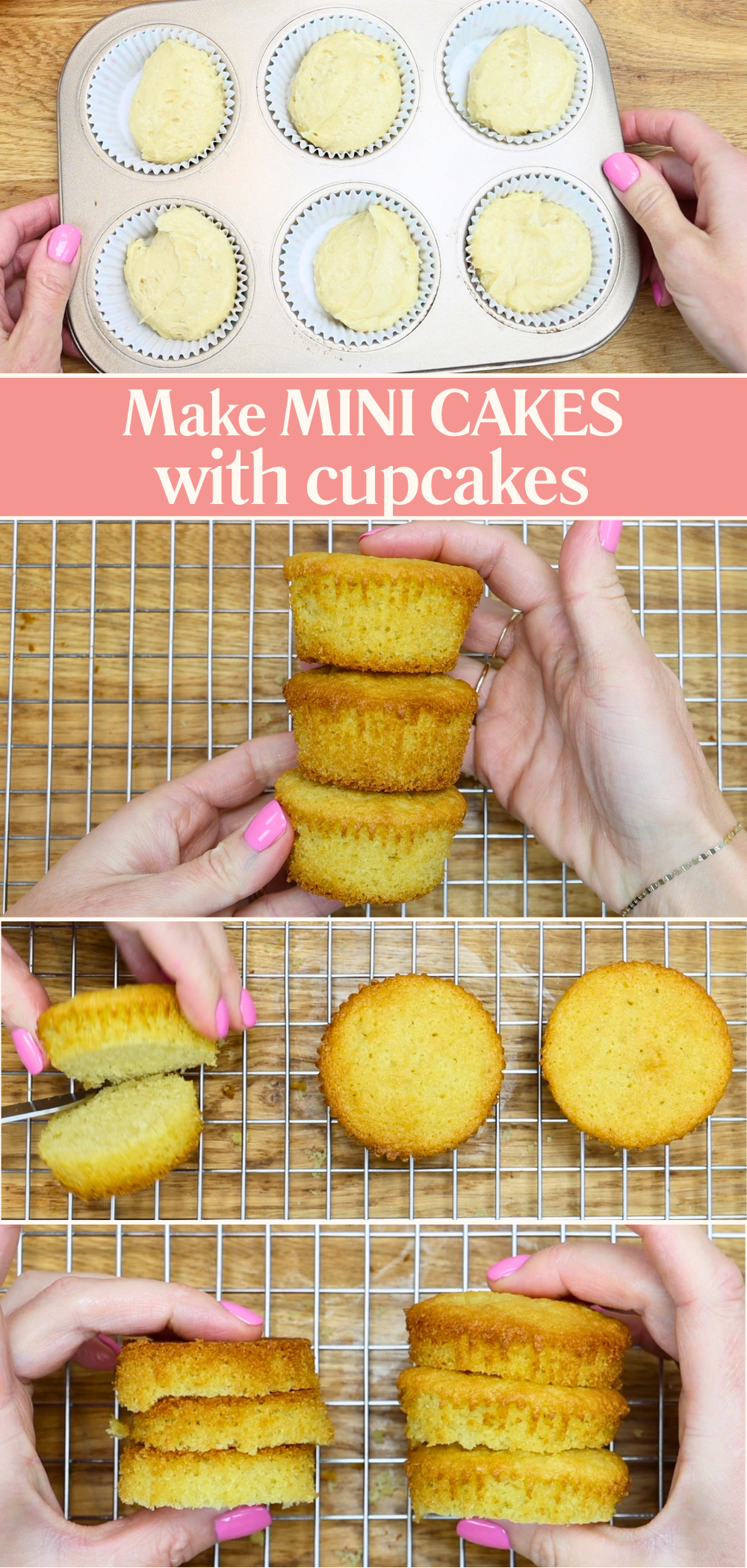 Mini cake tutorial showing how to cut cupcakes in half to create mini cake layers using the tops and bottoms separately
