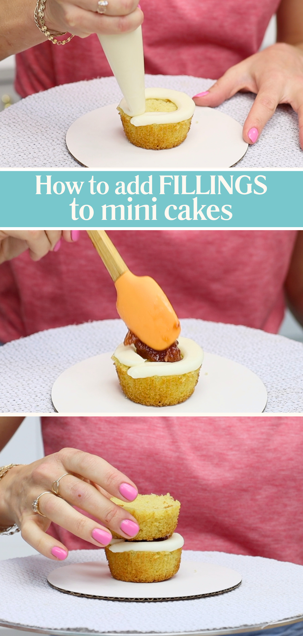 How to use runny fillings in mini cakes by piping a buttercream dam to hold the filling in place
