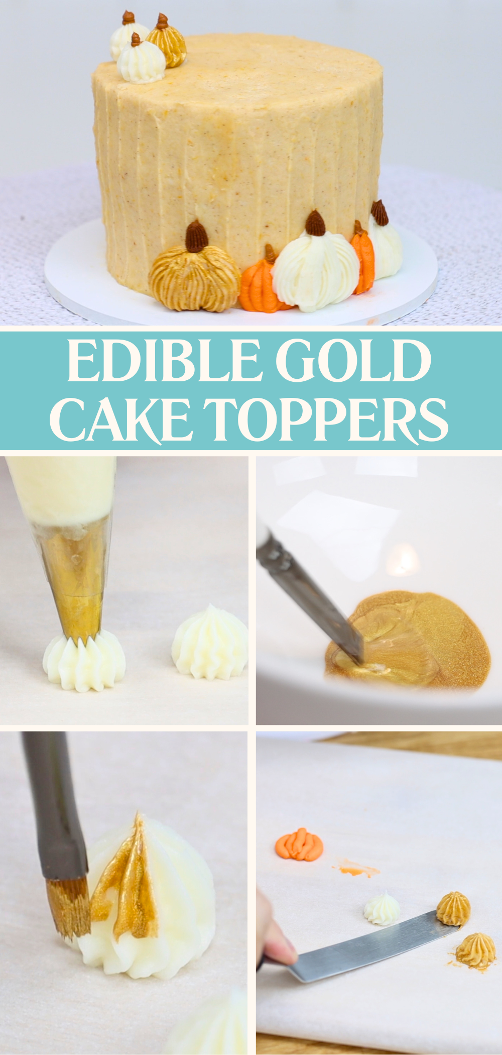 Painting frozen buttercream shapes with edible gold paint and using them as DIY cake toppers – an easy way to add an elegant touch!