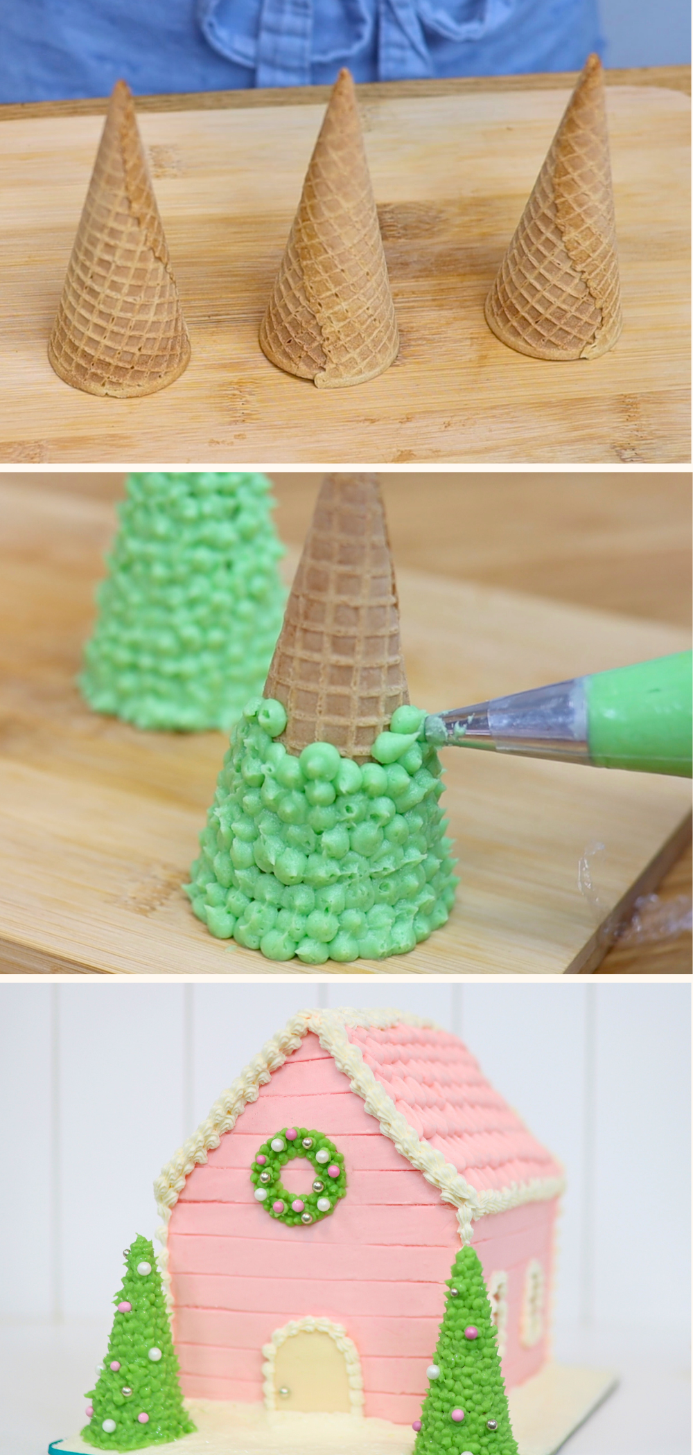 Pipe green spikes of buttercream onto ice cream cones to make Christmas trees as DIY cake toppers – ideal for winter or holiday cakes.
