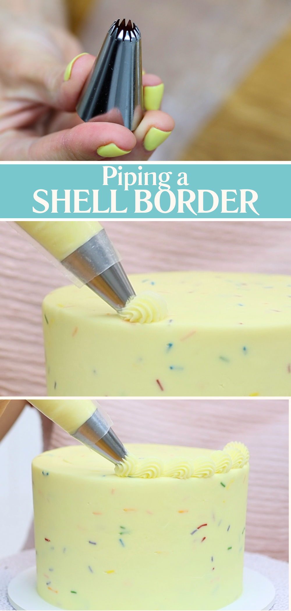 Piping a decorative shell border on a sprinkle cake using a 4B piping tip