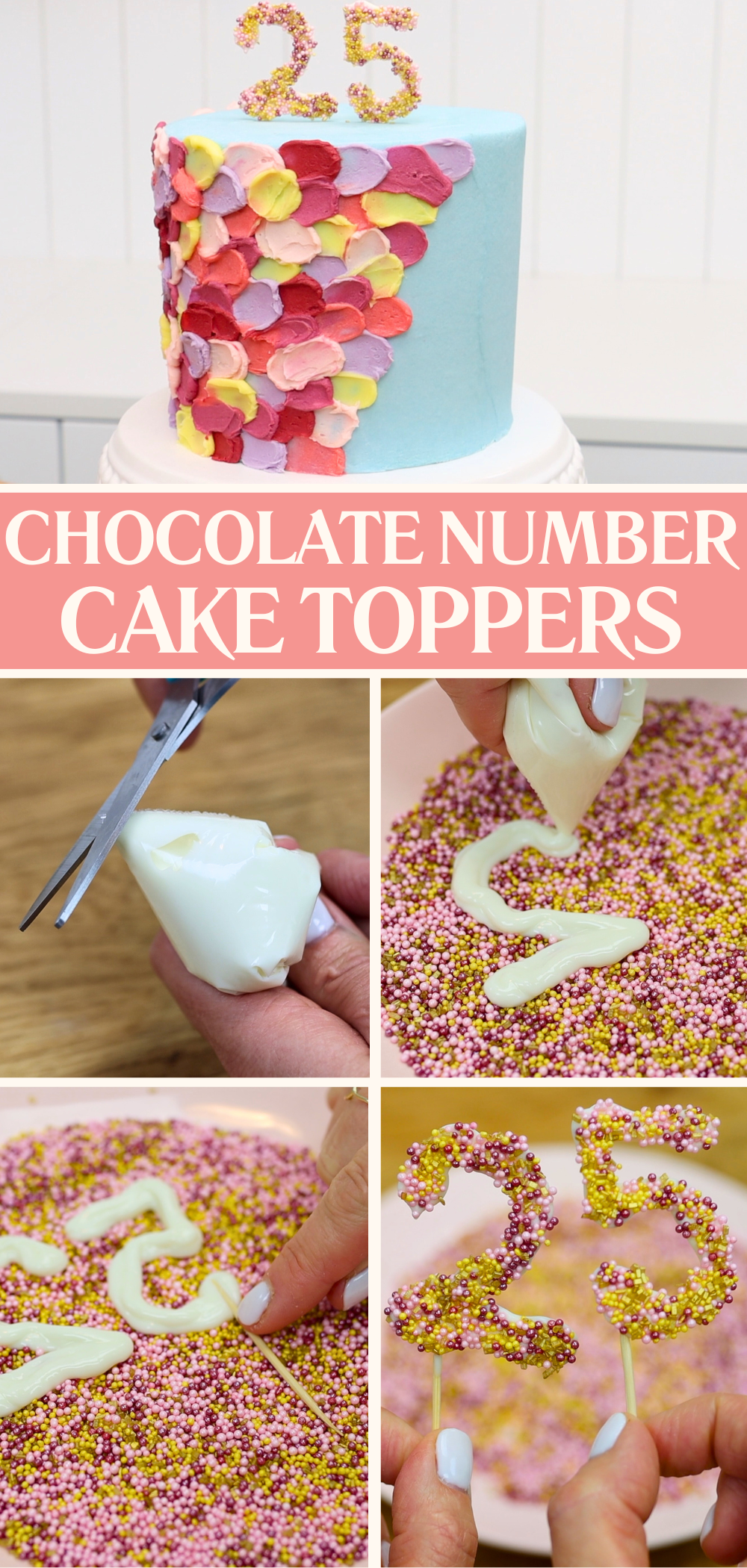 Piping chocolate onto a plate of sprinkles and pressing a toothpick in to make birthday cake numbers as DIY cake toppers – great for custom birthday cakes.