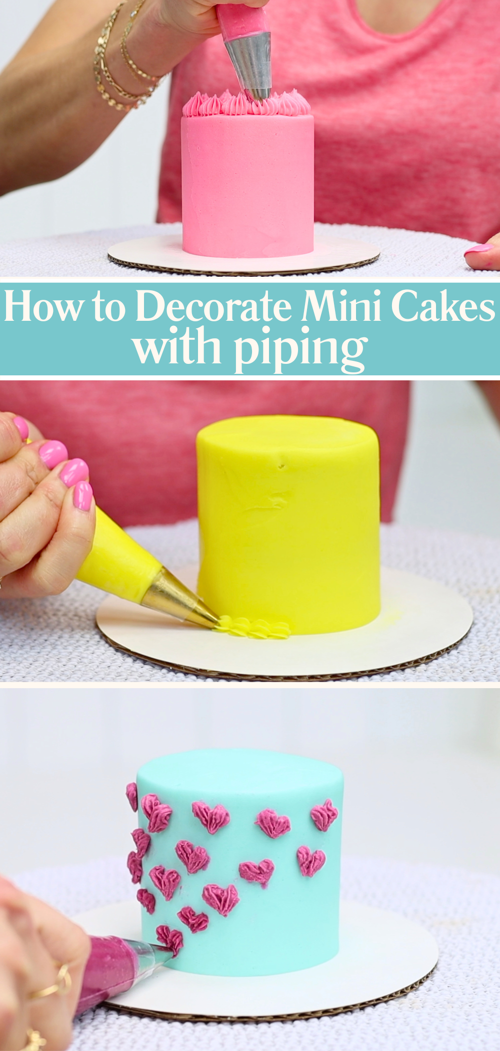 How to pipe details onto mini cakes using small piping tips and a well-filled piping bag for better control