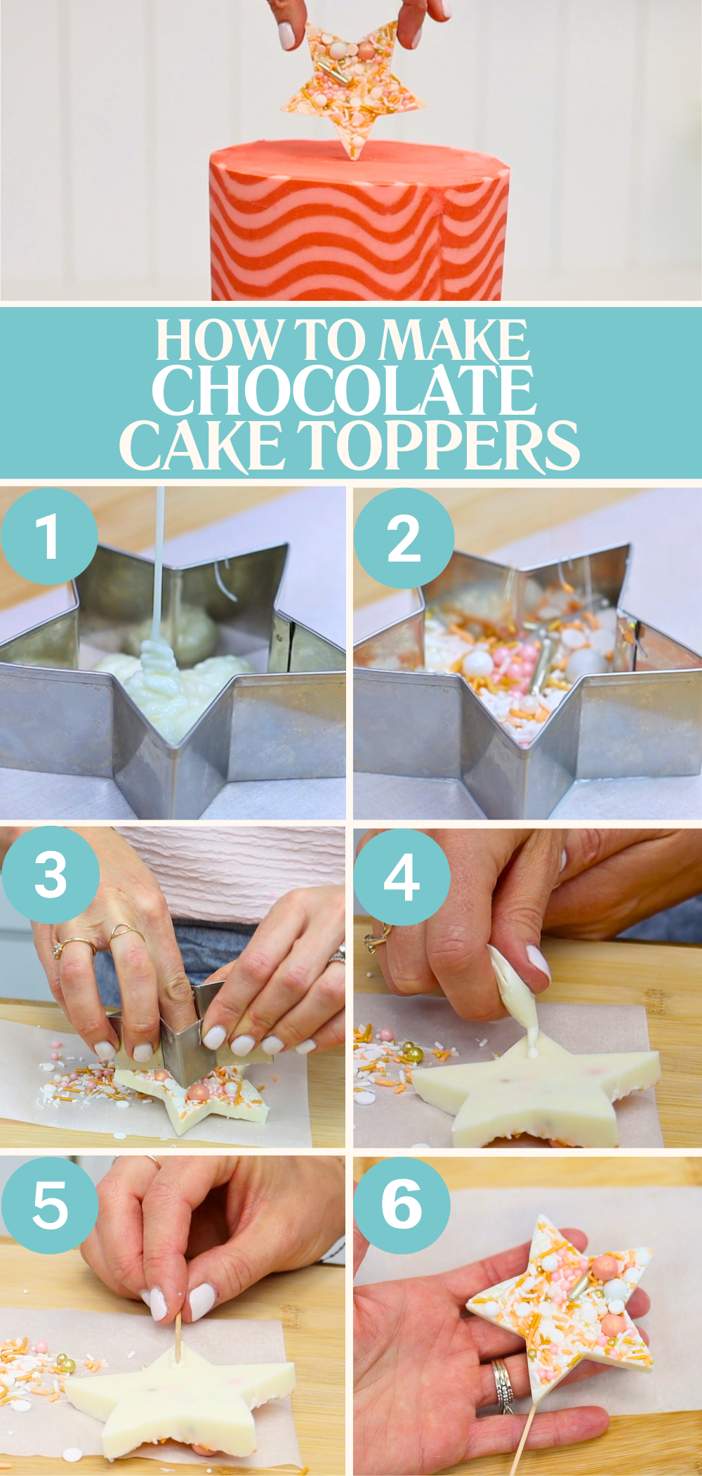 Pouring melted chocolate into a cookie cutter and pressing sprinkles on top and attaching a toothpick with melted chocolate to make it stand up on a cake. A quick and easy homemade cake decoration!