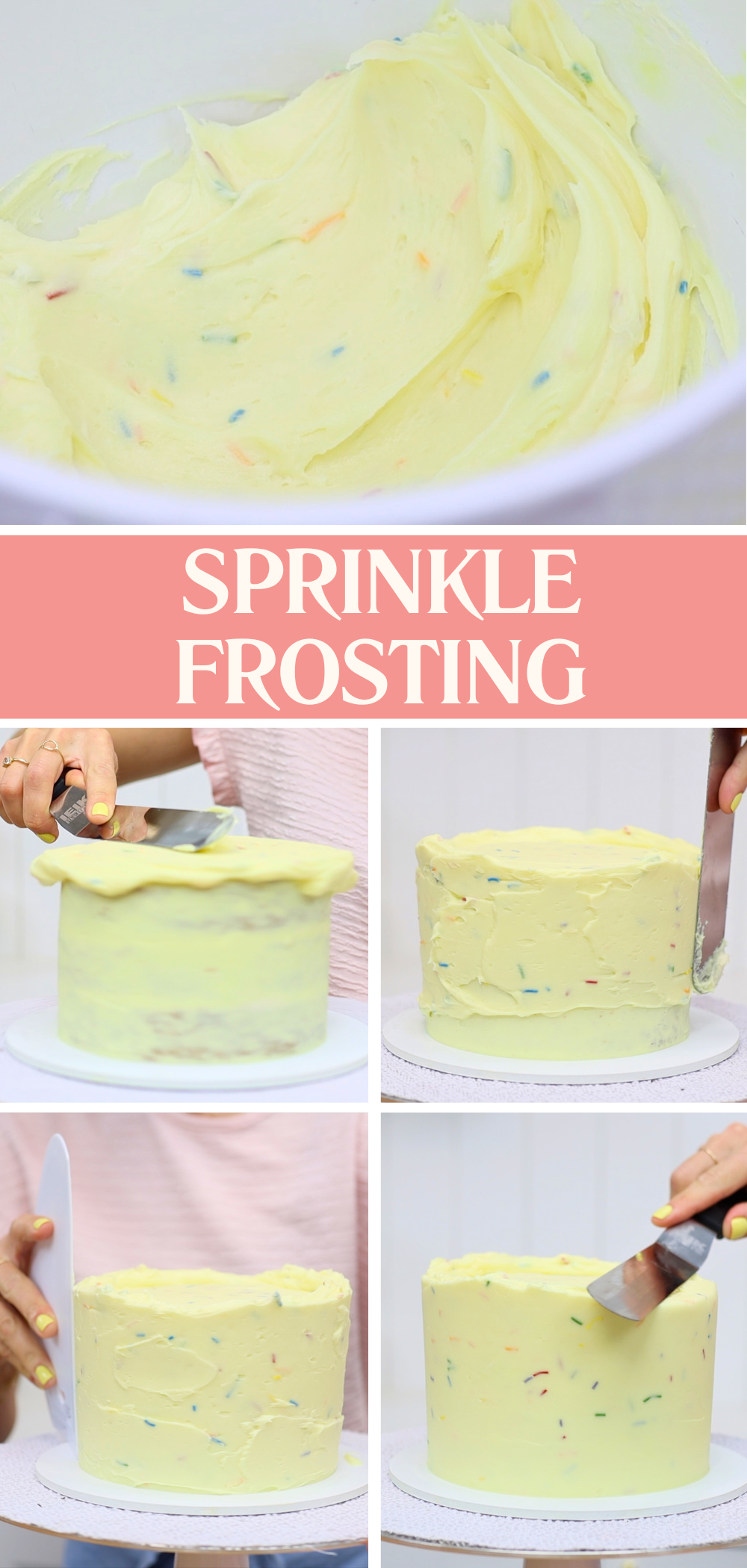 Buttercream frosting on a sprinkle cake, with sprinkles mixed in, being smoothed and top edge flattened