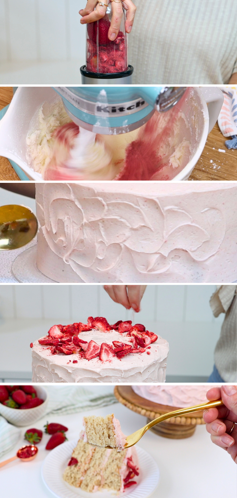 Close-up of frosting a layered Strawberry cake and taking a slice
