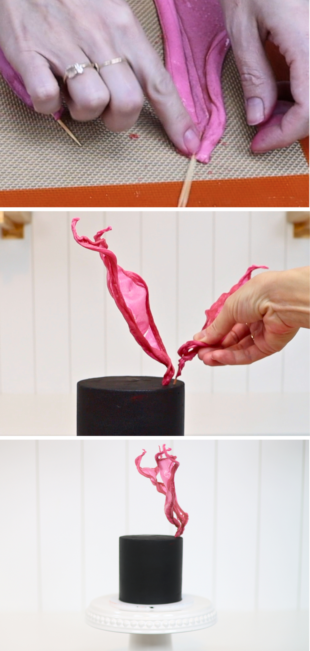 Use a toothpick to attach rice paper sails to a cake for abstract or modern cake designs.