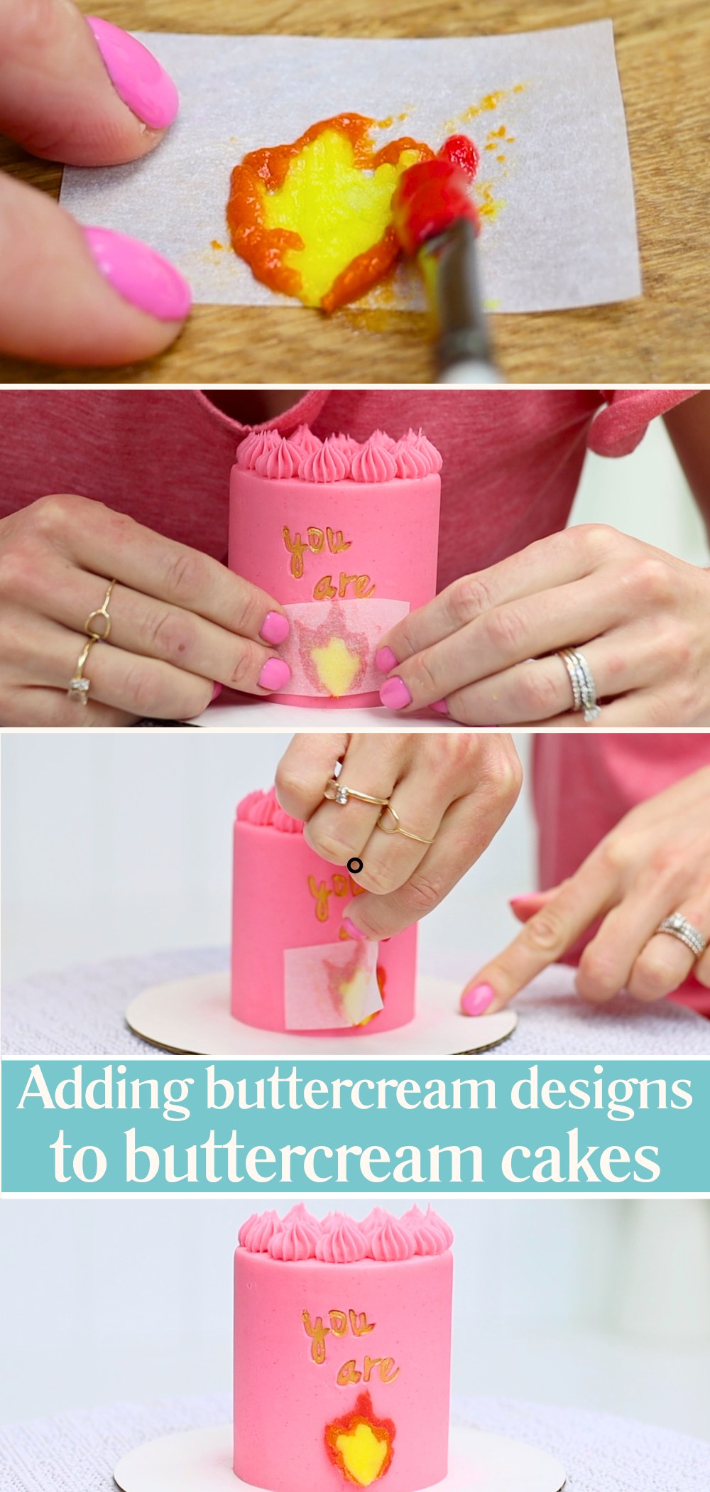 Mini cake tutorial using the buttercream transfer method to add a detailed design to the side of a mini cake