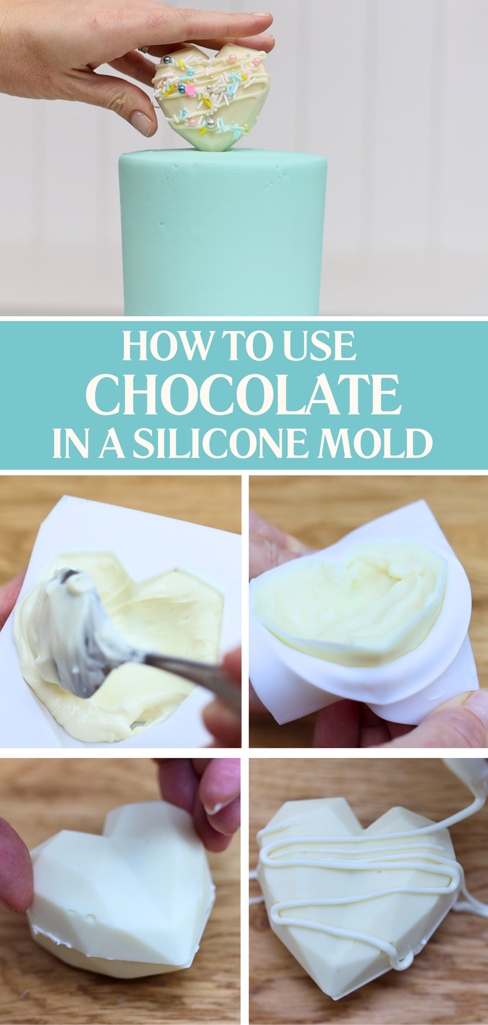 Using chocolate in silicon molds to make DIY cake toppers with sprinkles – perfect for kids' cakes, birthday cakes, and baby shower cakes.