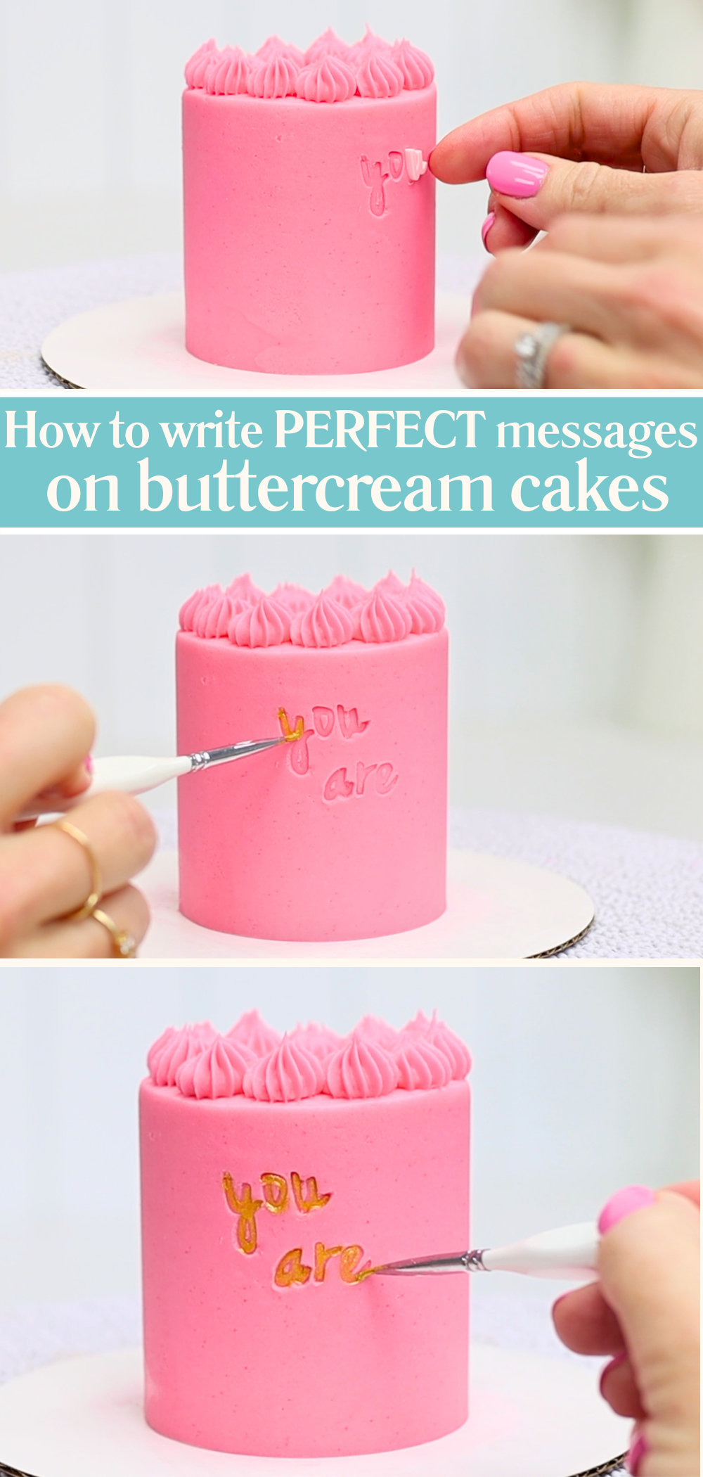 How to decorate a mini cake using Sweet Stamp letters and edible gold paint to add a message in buttercream