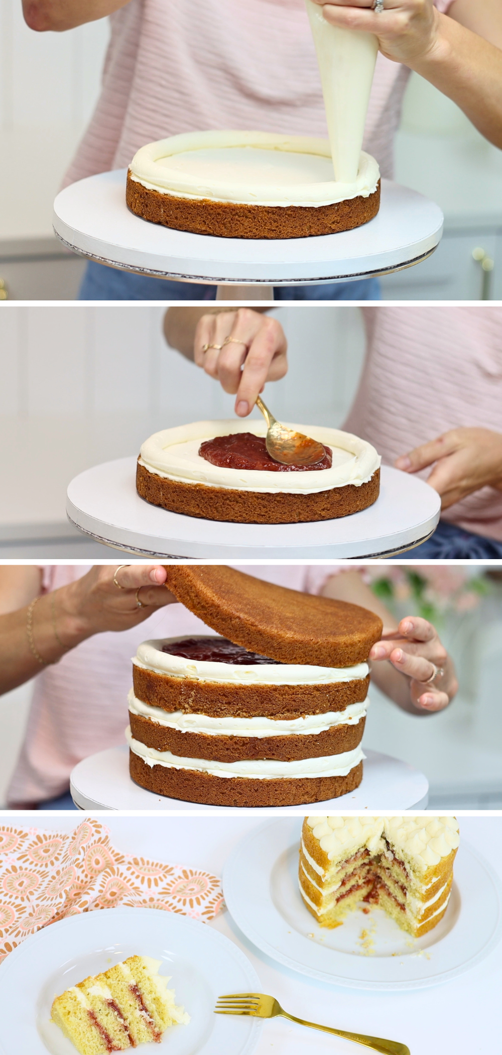 Making and enjoying a homemade vanilla cake with strawberry jam
