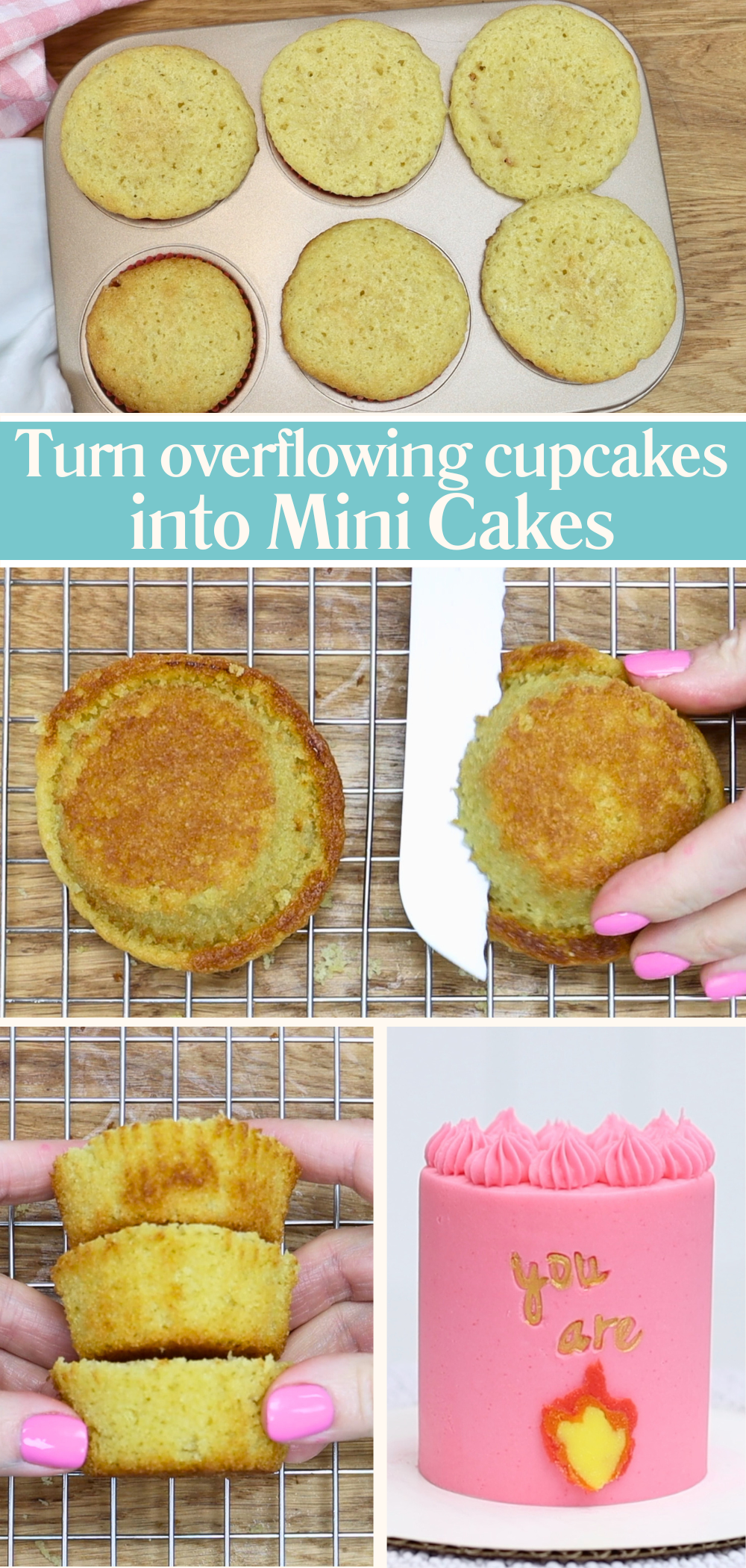 Mini cake tutorial: how to use the bottom halves of overfilled cupcakes to make stacked mini cake layers