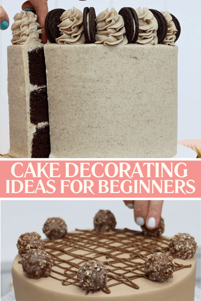 Decorating the top of a cake with Oreos, chocolates, and buttercream swirls