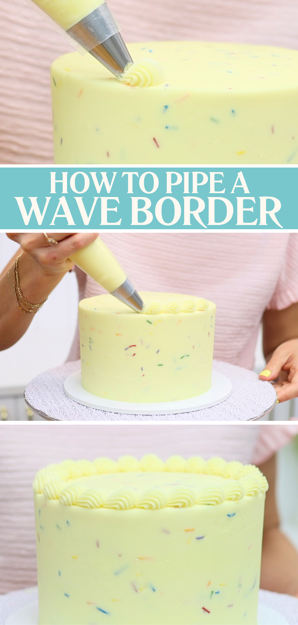 Piping a wave border onto a cake with a 4B star piping tip