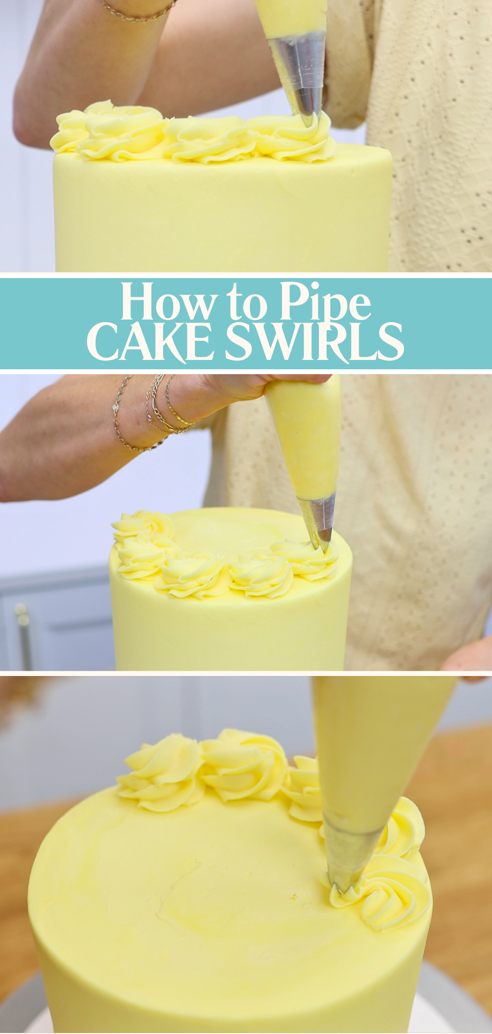 Piping swirls on a cake with a 1M star piping tip