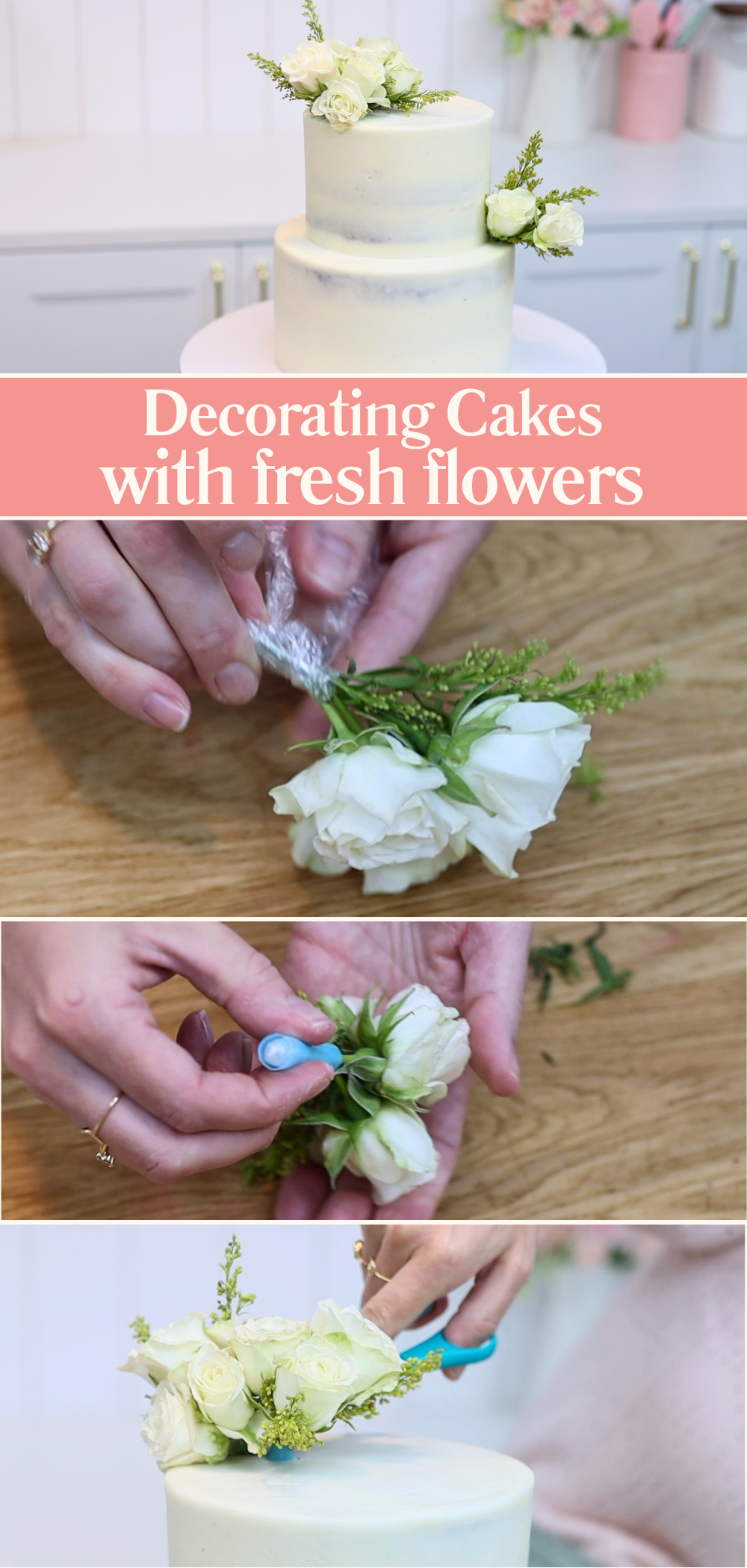 Adding fresh flowers to a cake using boba straws and plastic wrap