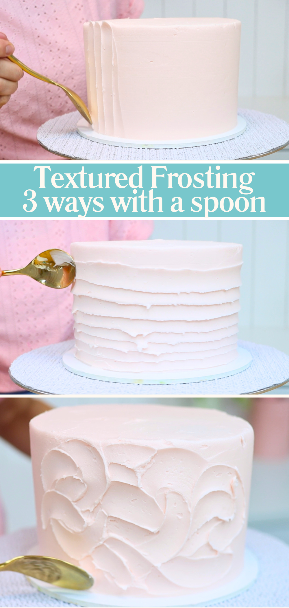 Adding texture to buttercream on a cake with a spoon