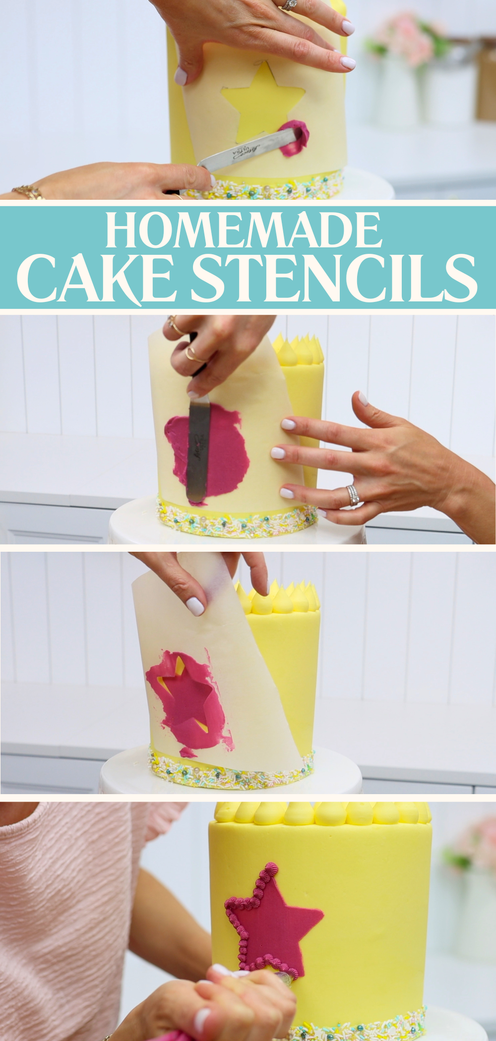 Applying buttercream over a homemade stencil on a chilled cake