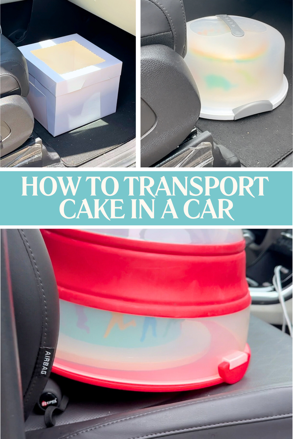 Examples of how to transport a cake in a car using the trunk, footwell, and levelled car seat