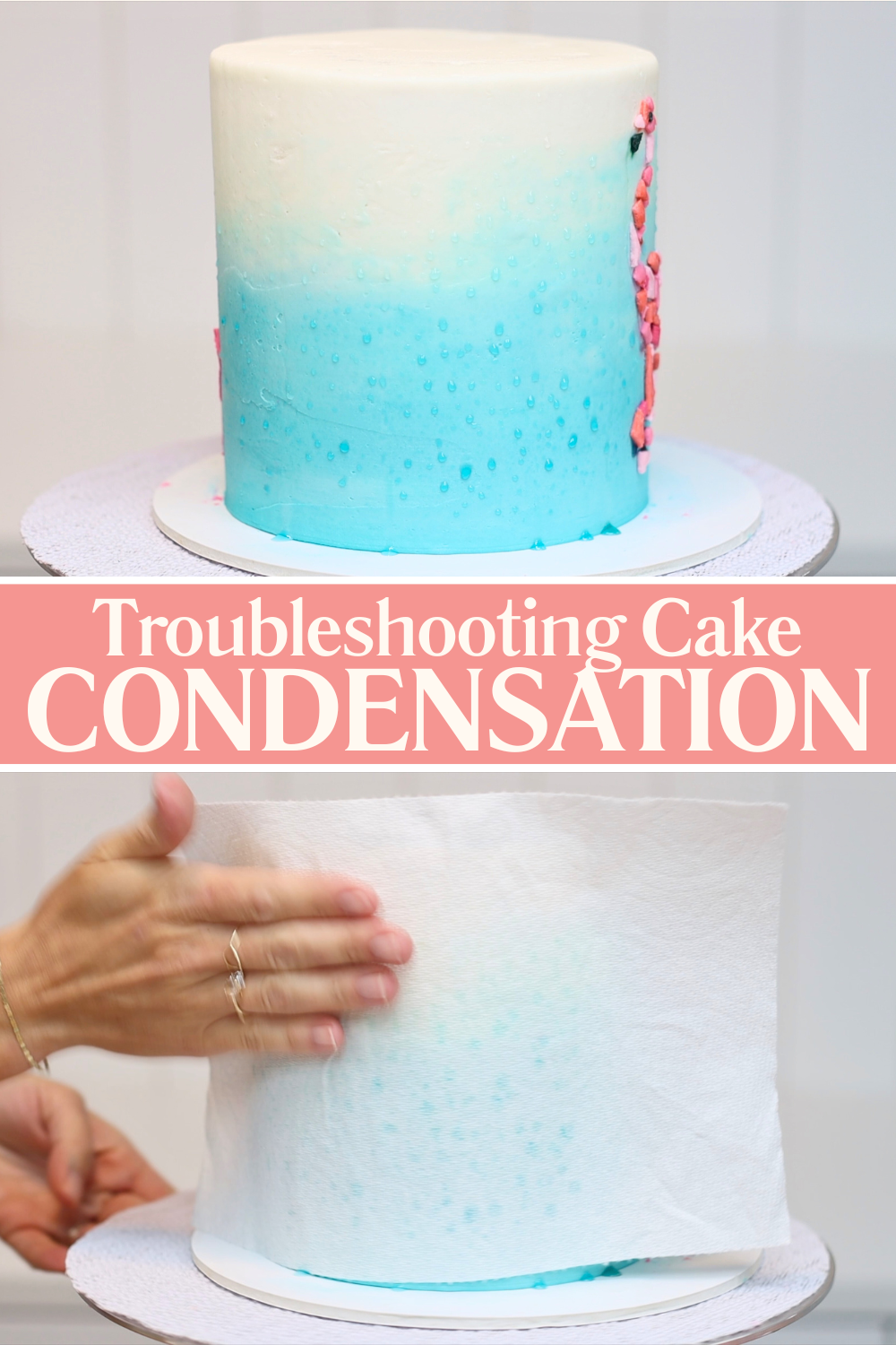 Cake covered in condensation with decorator dabbing droplets off the frosting using a paper towel