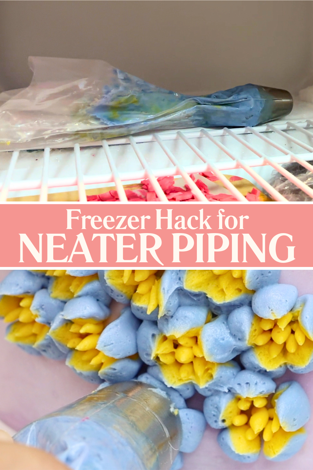 Chilled piping bag in freezer and neat piped buttercream decorations afterward