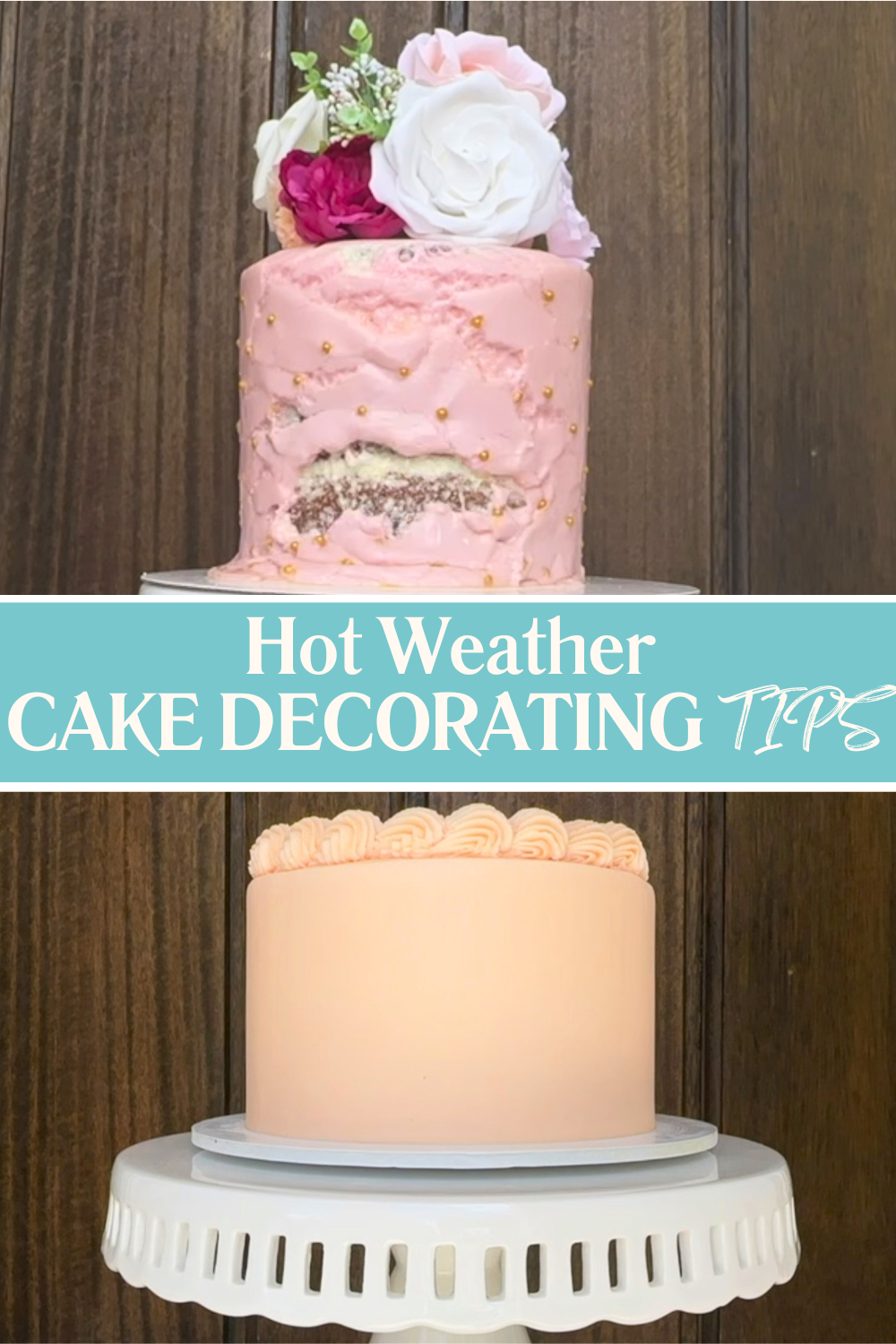 Melting buttercream cake beside a stable half butter, half shortening buttercream cake in the sun