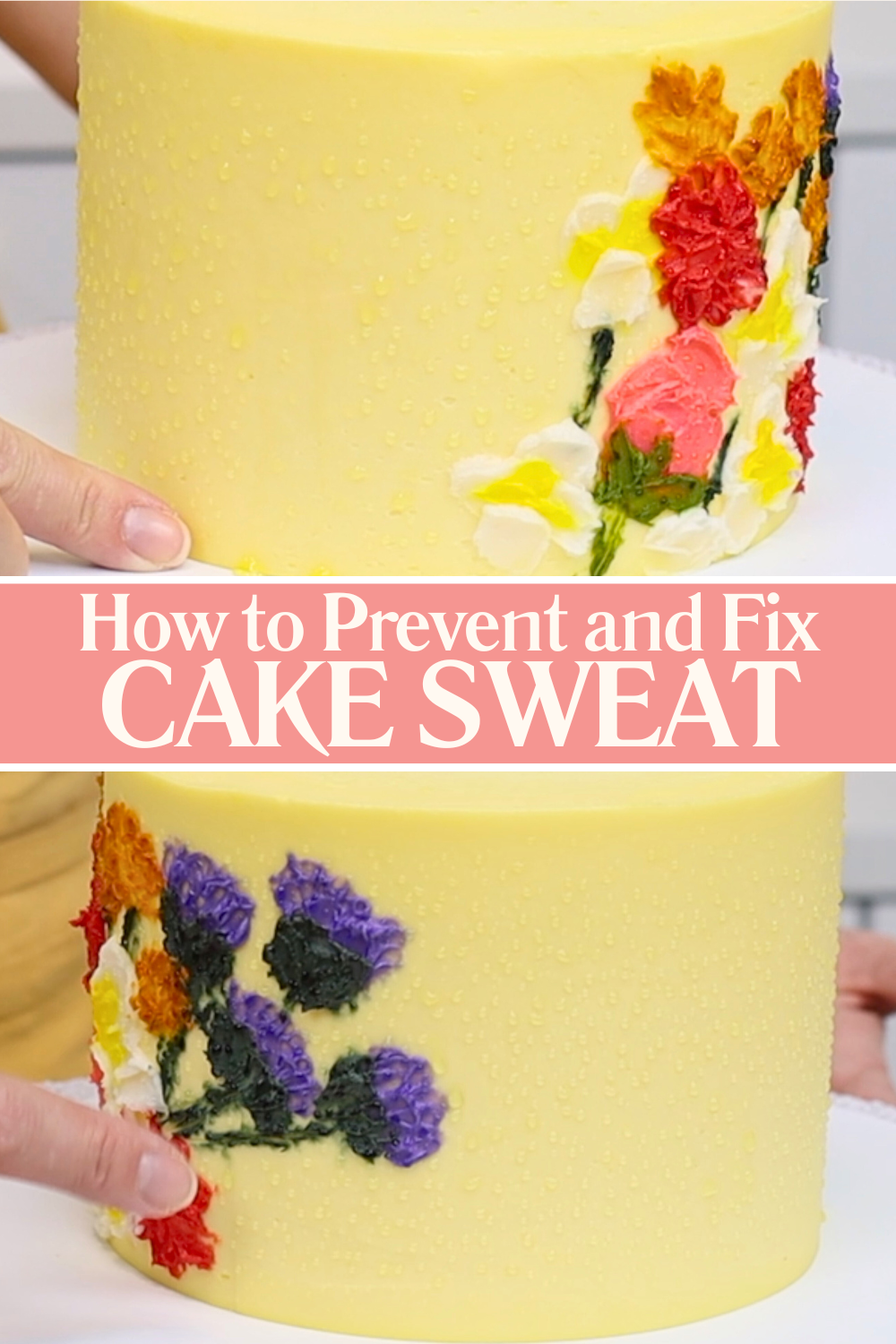 Cake covered in condensation with buttercream decorations bleeding colours