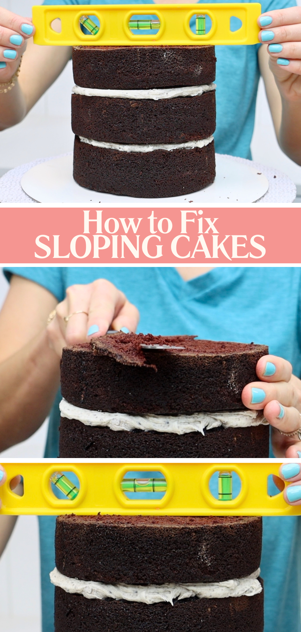 Using a spirit level to check if a cake is even before trimming