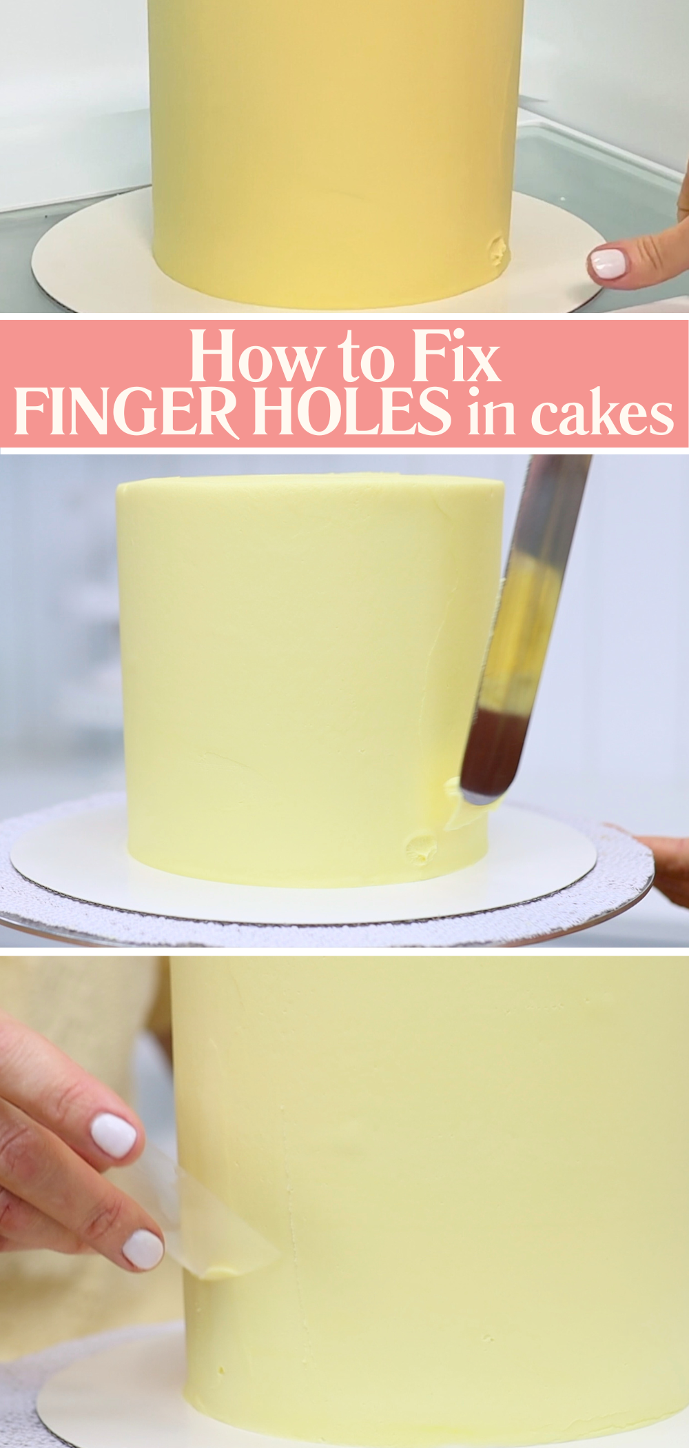 Smoothing buttercream over a finger hole with acetate