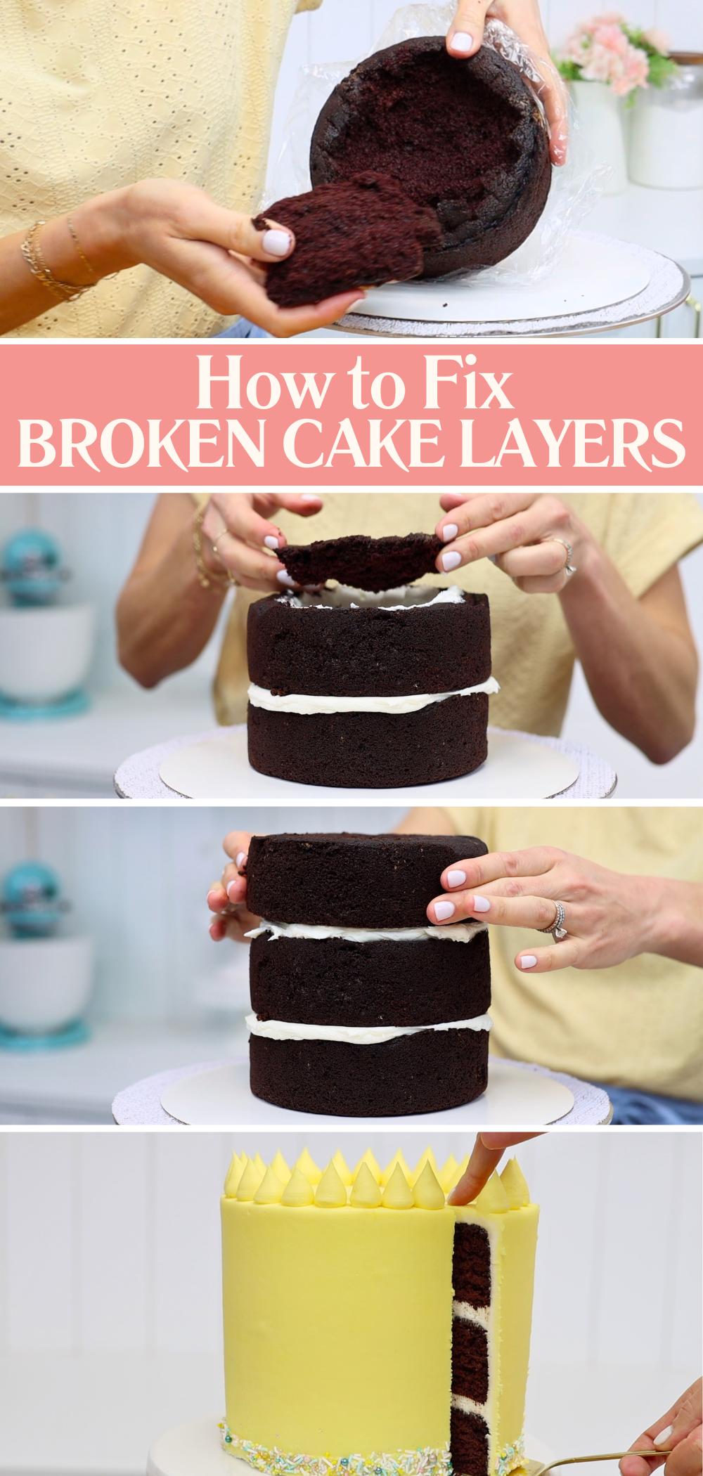Using buttercream to glue broken cake layers back together