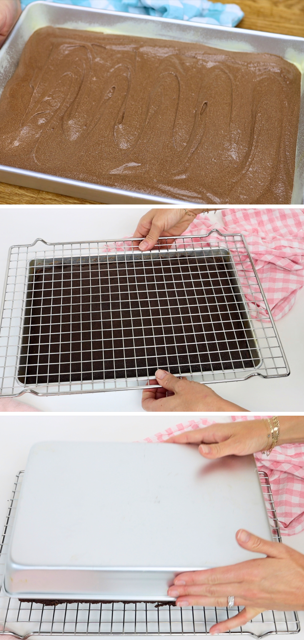 how to bake a sheet cake for cake slices, from batter in the pan, to placing a wire rack on top after baking, to flipping and removing the pan to reveal the baked cake on the rack