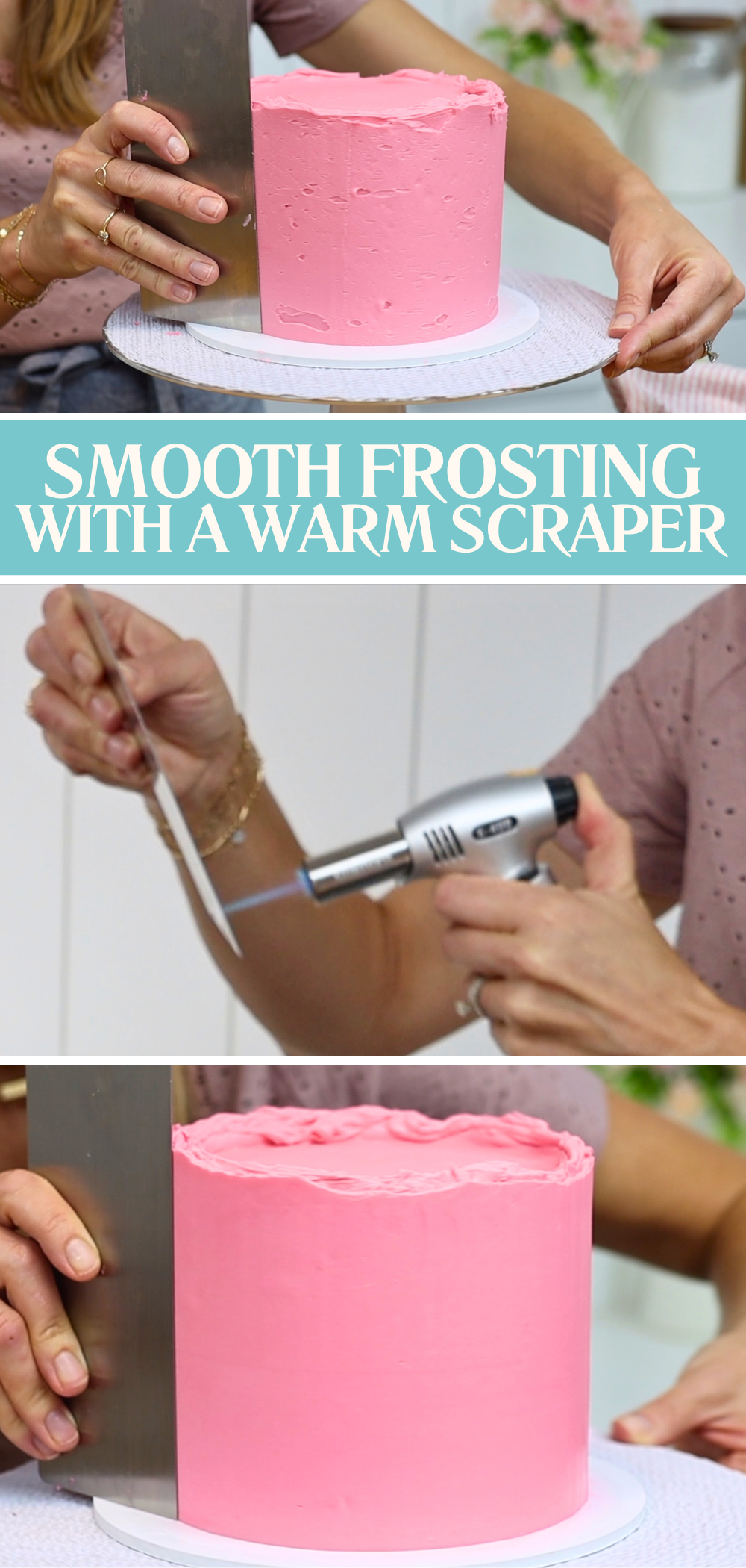 Cake FAQ for smooth buttercream using a blow torch to heat a metal cake scraper before smoothing buttercream