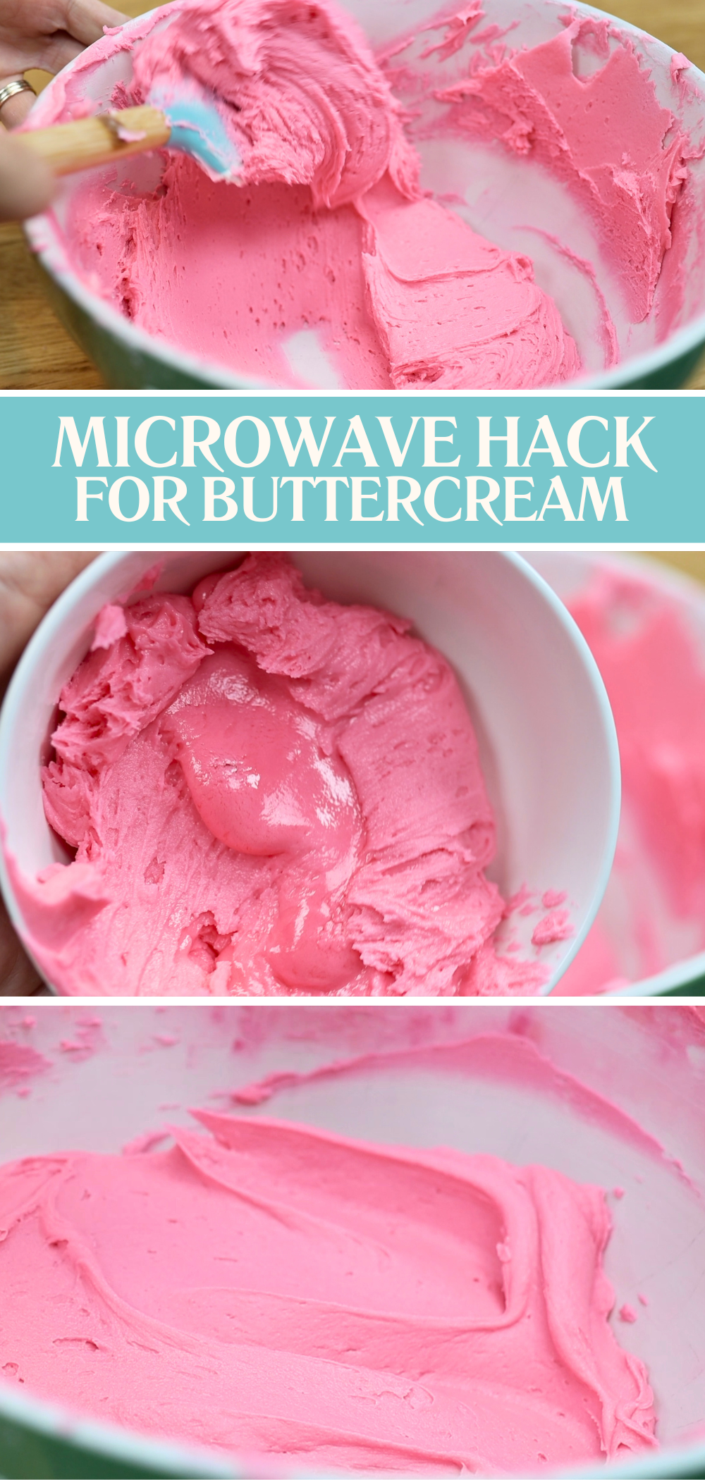 Stirring melted buttercream into a batch after microwaving part of it
