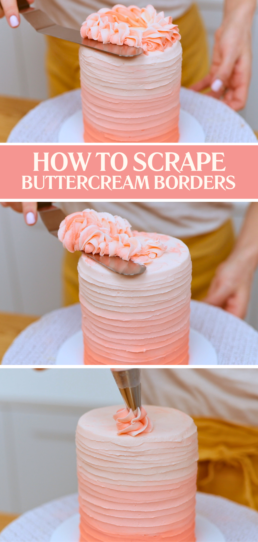 Lifting a buttercream border off a chilled cake with a spatula