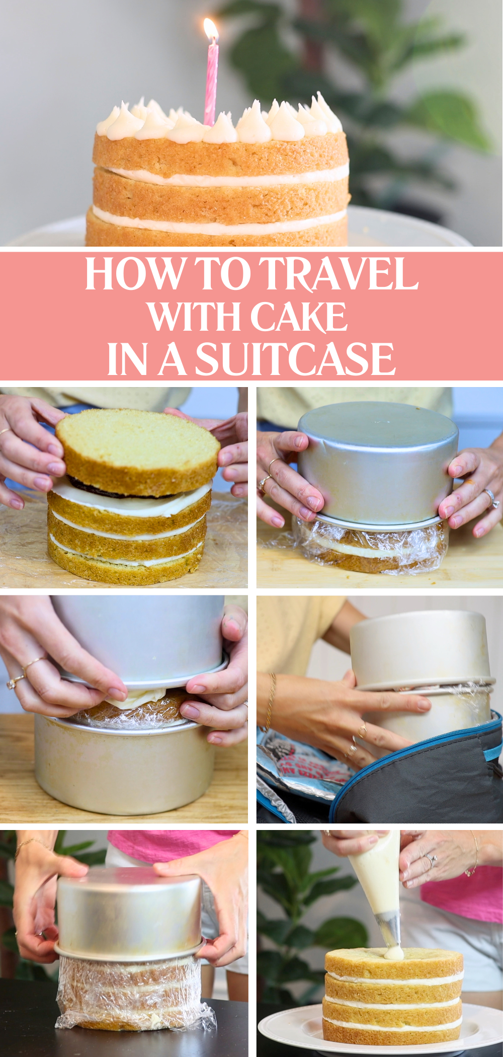 Cake wrapped in cling film, frozen and packed in cake pans to travel in a suitcase