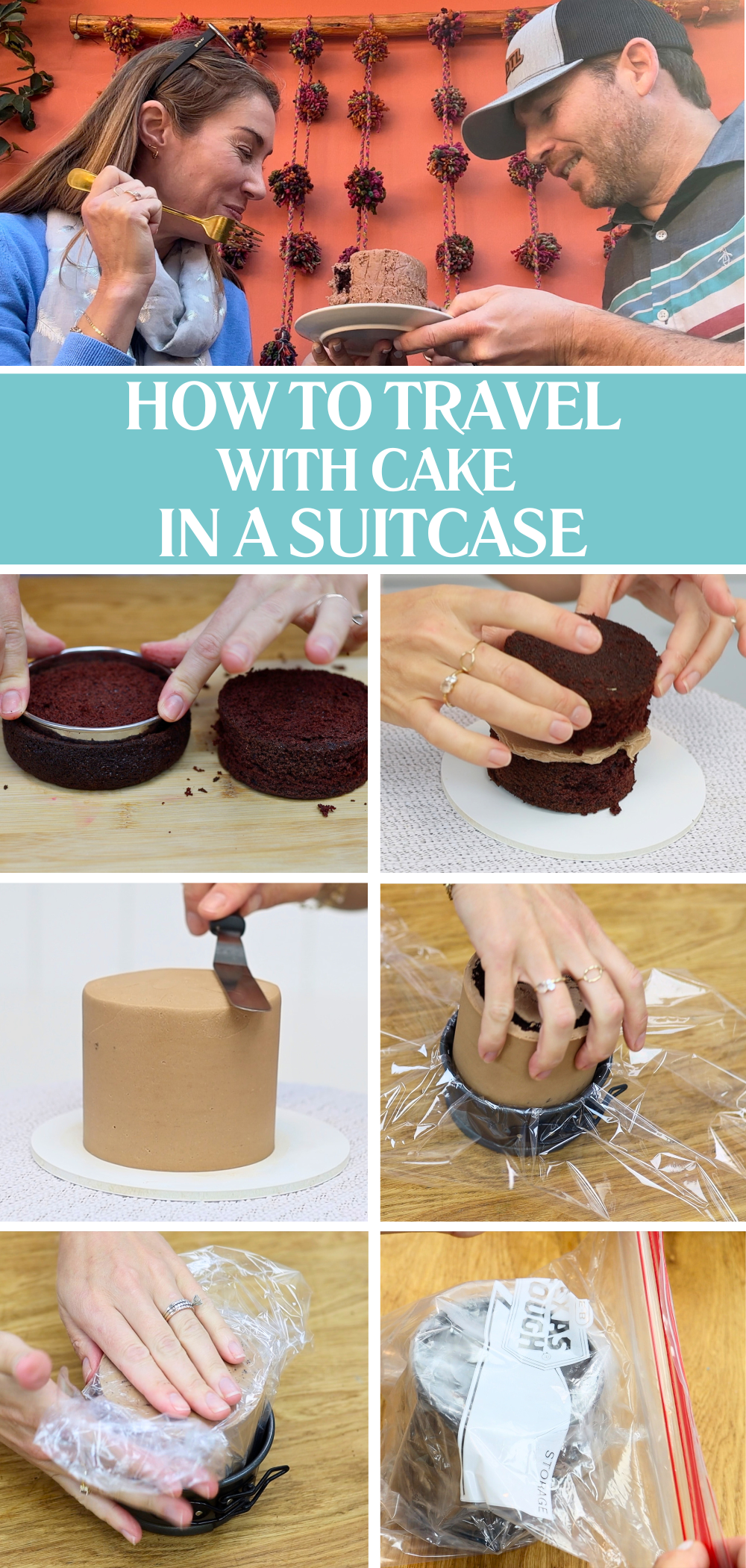 Frosted cake wrapped and placed in cake pans for suitcase protection