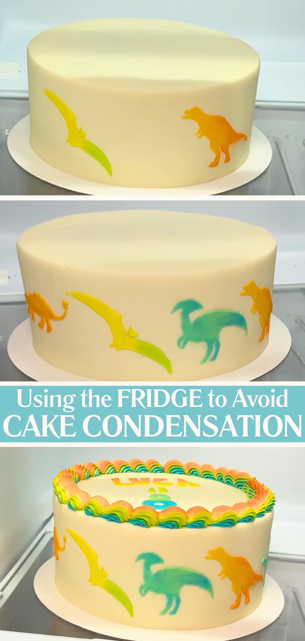 Cake being placed in the fridge during decorating to prevent and condensation