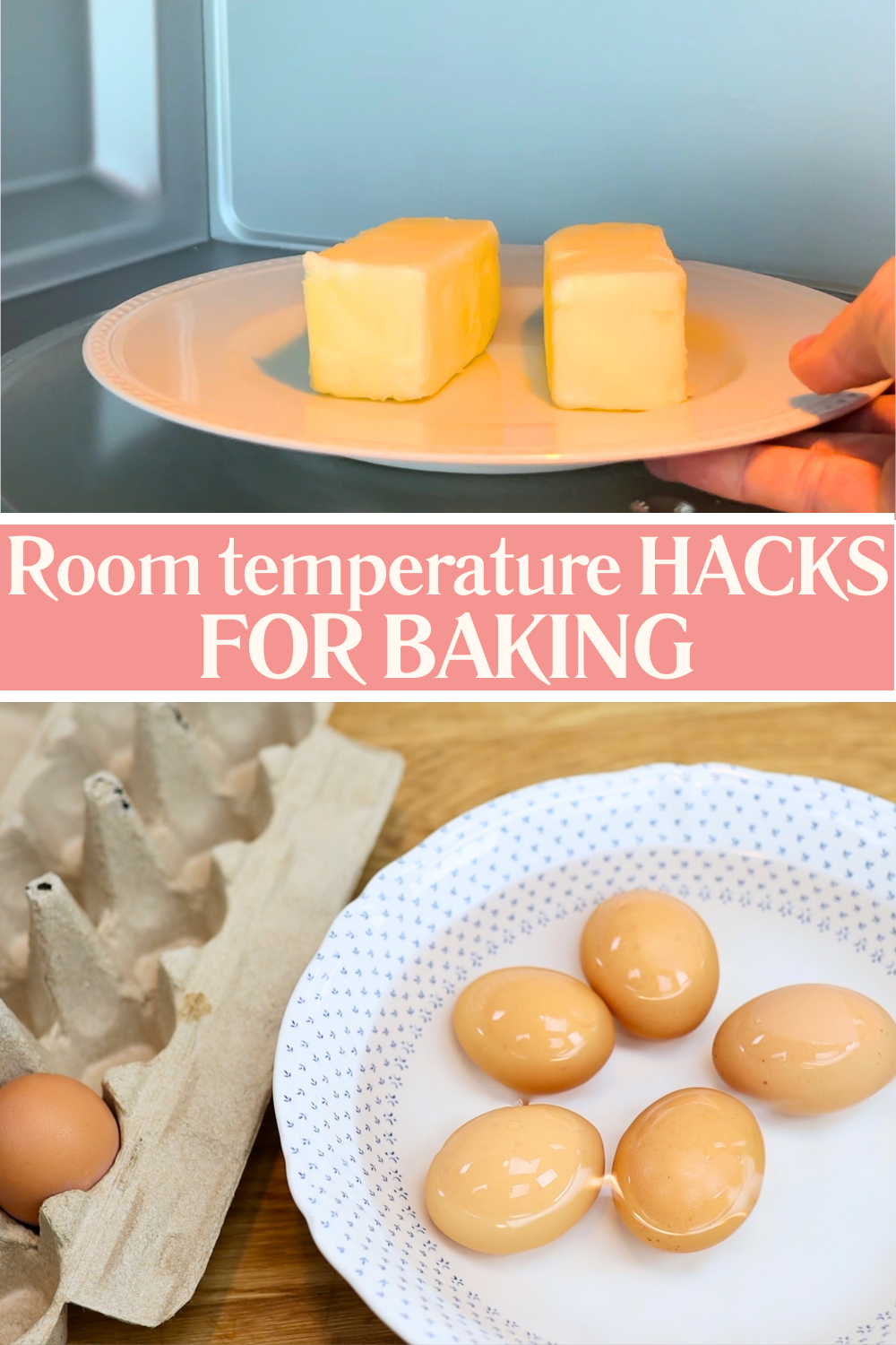 Butter being microwaved and eggs in a bowl of warm water