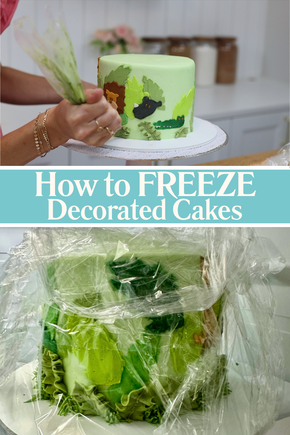 Decorated cake in the freezer